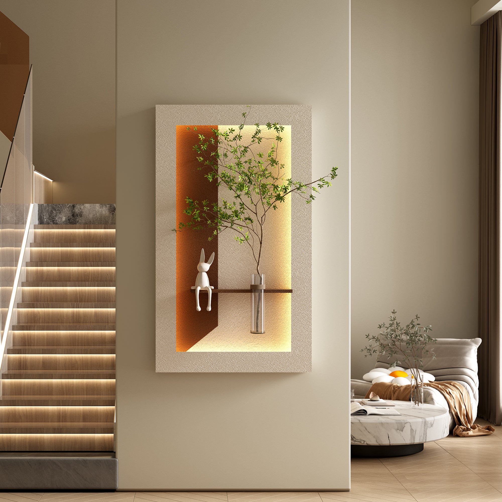 Oasis 3D sandstone wall décor light illuminated in a living room