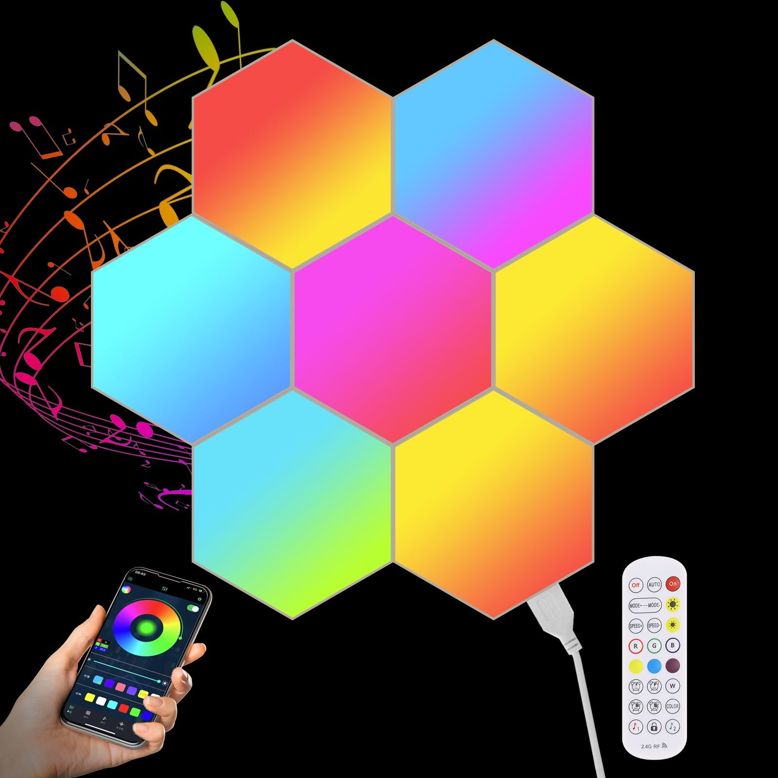 Hexagone panels lit in sync with music