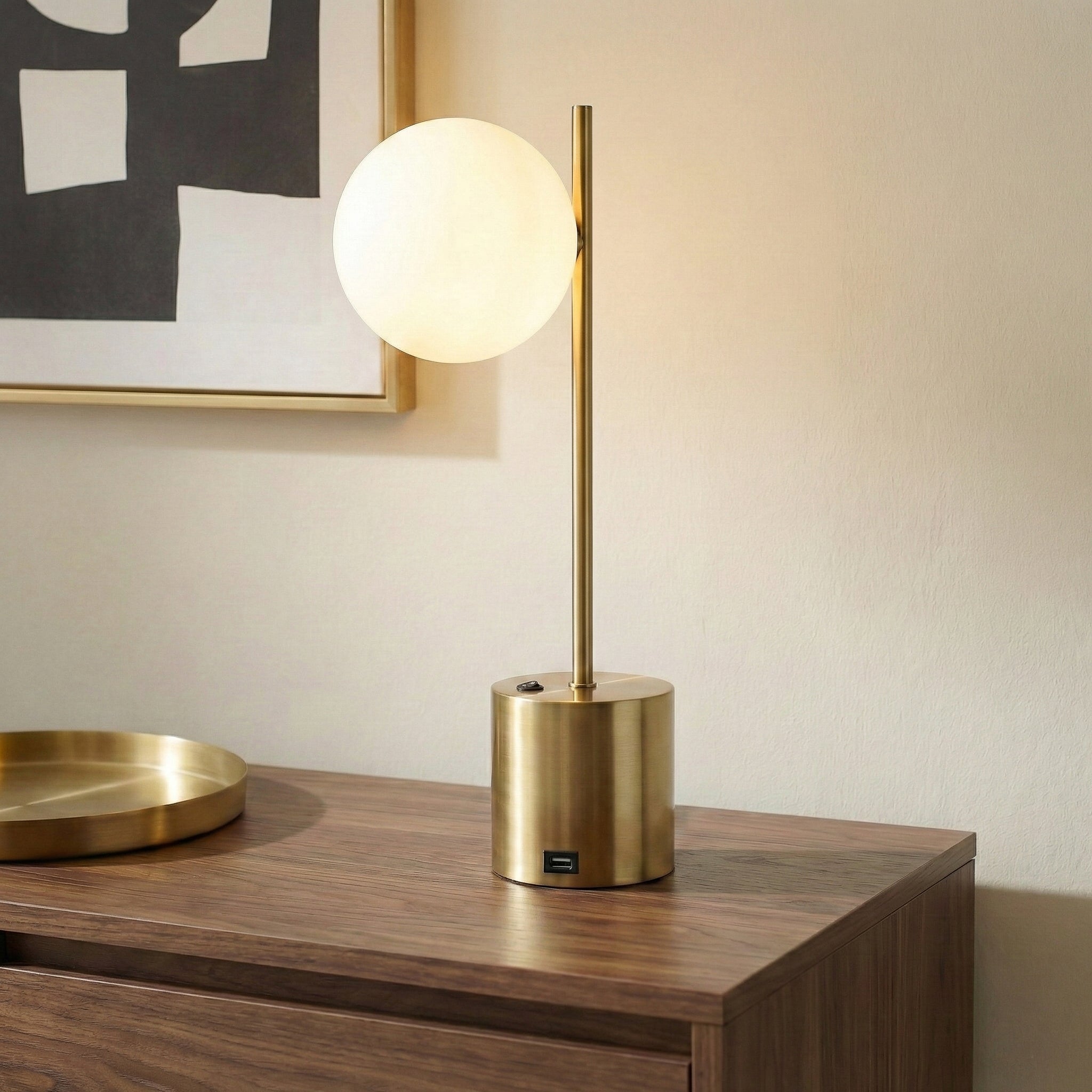 Lampe de Table Laiton et Globe en Verre Blanc