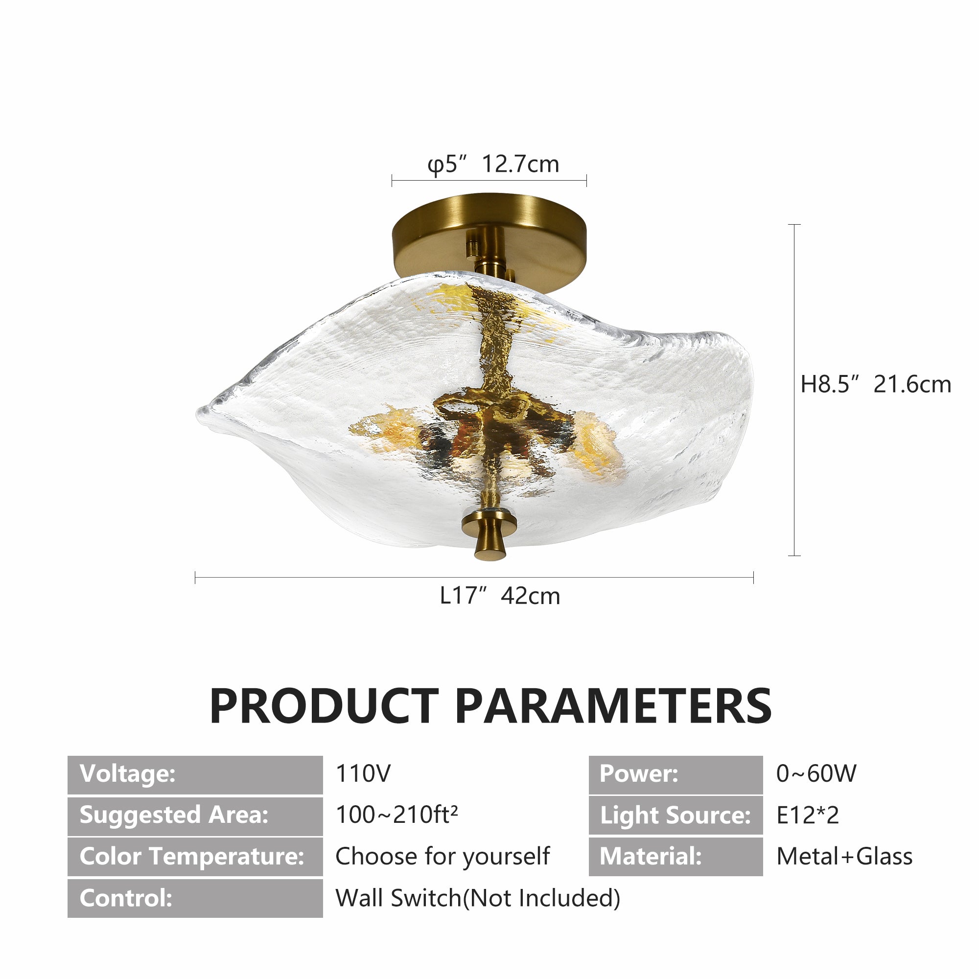 Ellipse Gold Semi-Flush Ceiling Light - close-up of glass and gold frame
