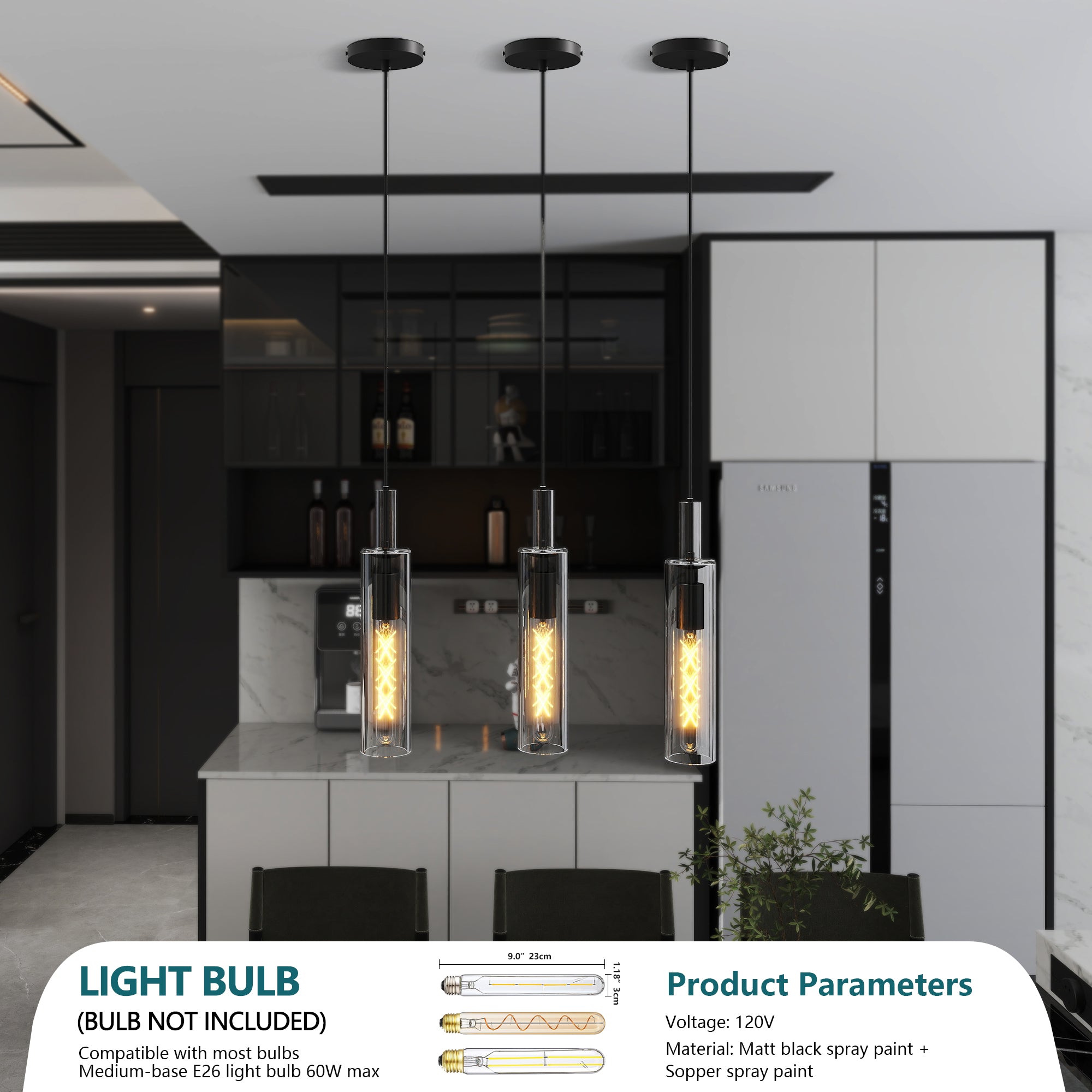 Trio Noir pendants switched on