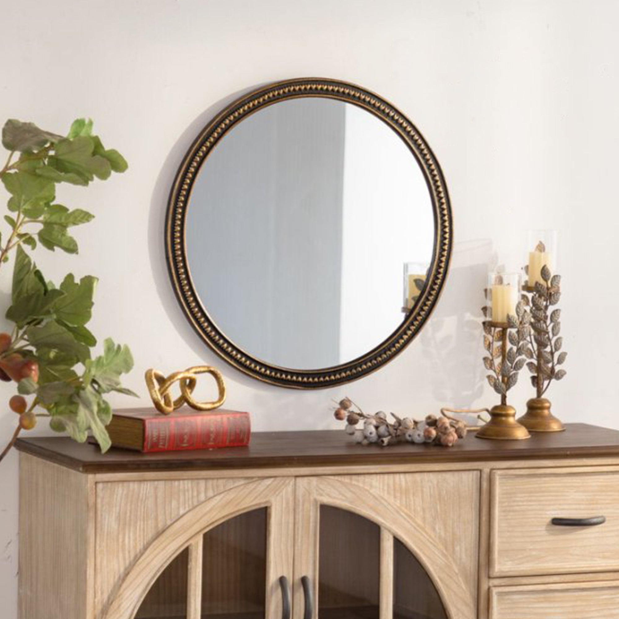 Miroir Mural Rond Perles Dorées Vintage