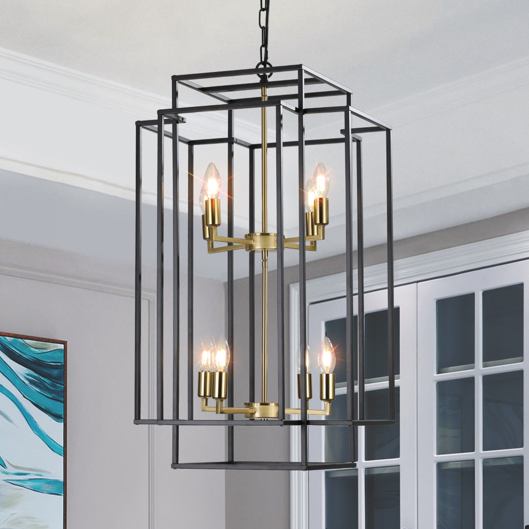 Octavia Black & Gold Geometric Chandelier - hanging over dining table