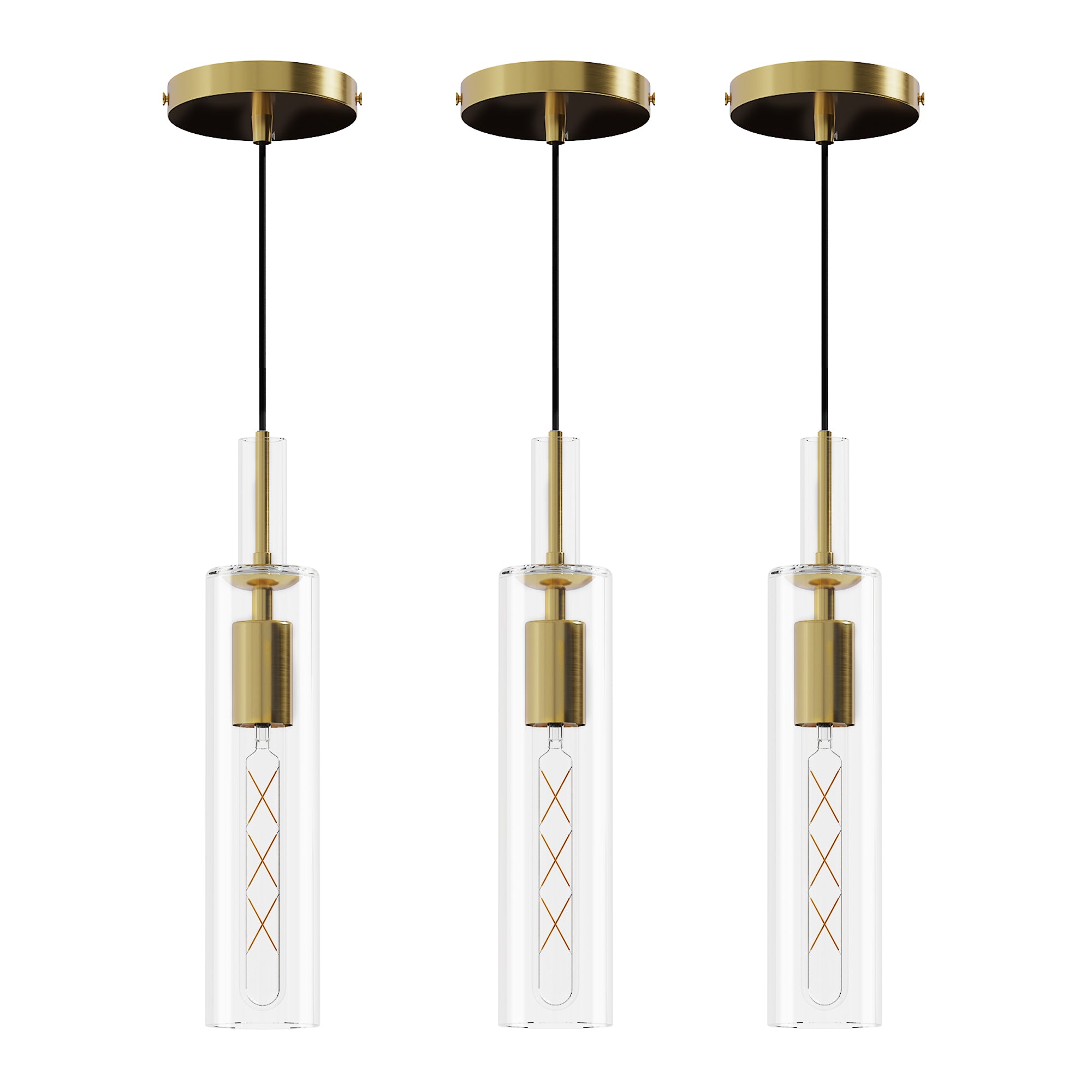 Trio Doré Gold Pendant Light Set - illuminated evening kitchen scene