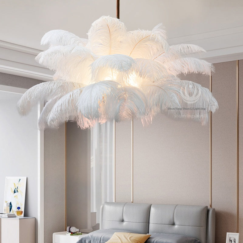 Plume Noire Modern Feather Chandelier - illuminated in room setting