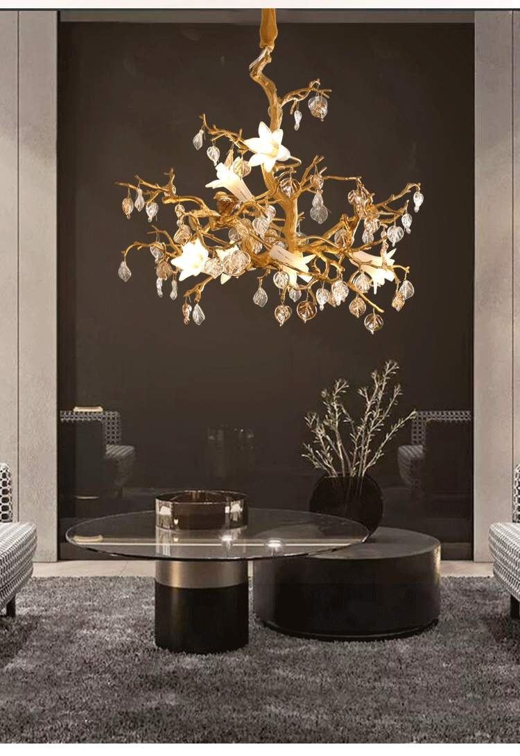 Branche de Cuivre Copper Crystal Chandelier - hanging over grand dining table