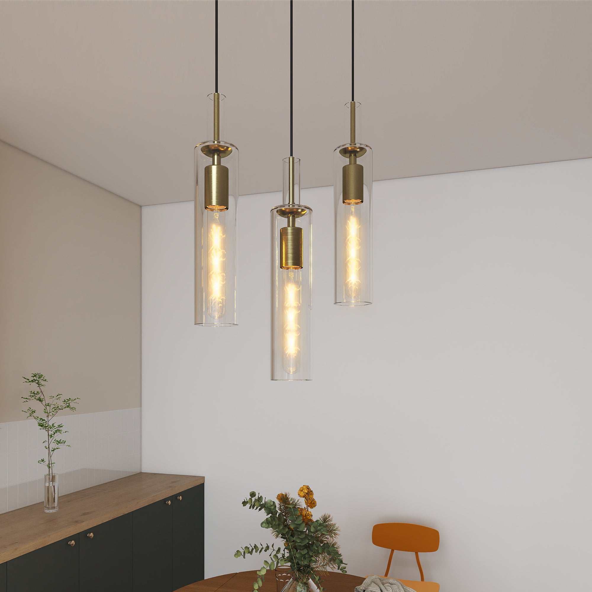 Trio Doré Gold Pendant Light Set - ceiling mount and gold fittings detail