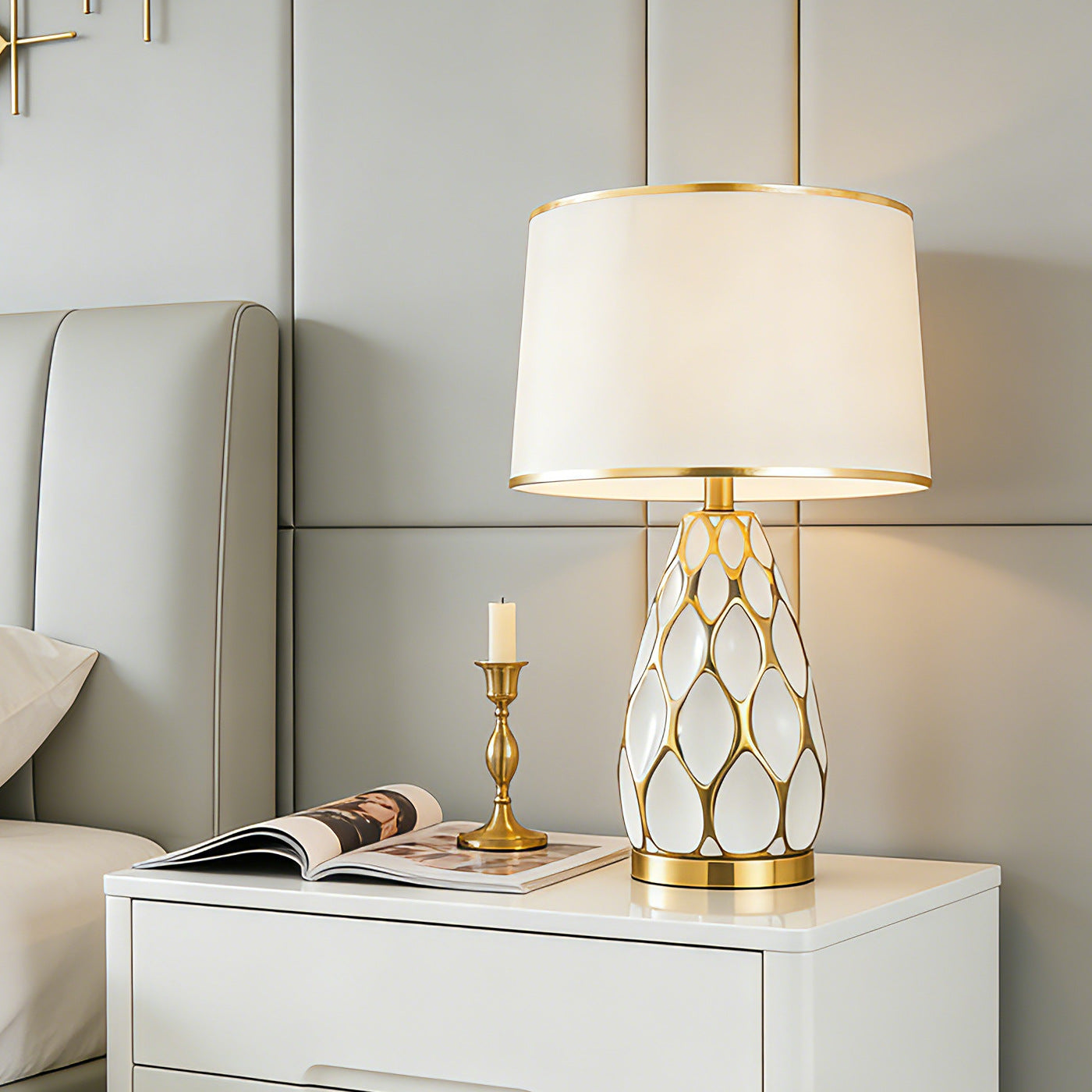 Alvéole ceramic lamp switched on, warm glow