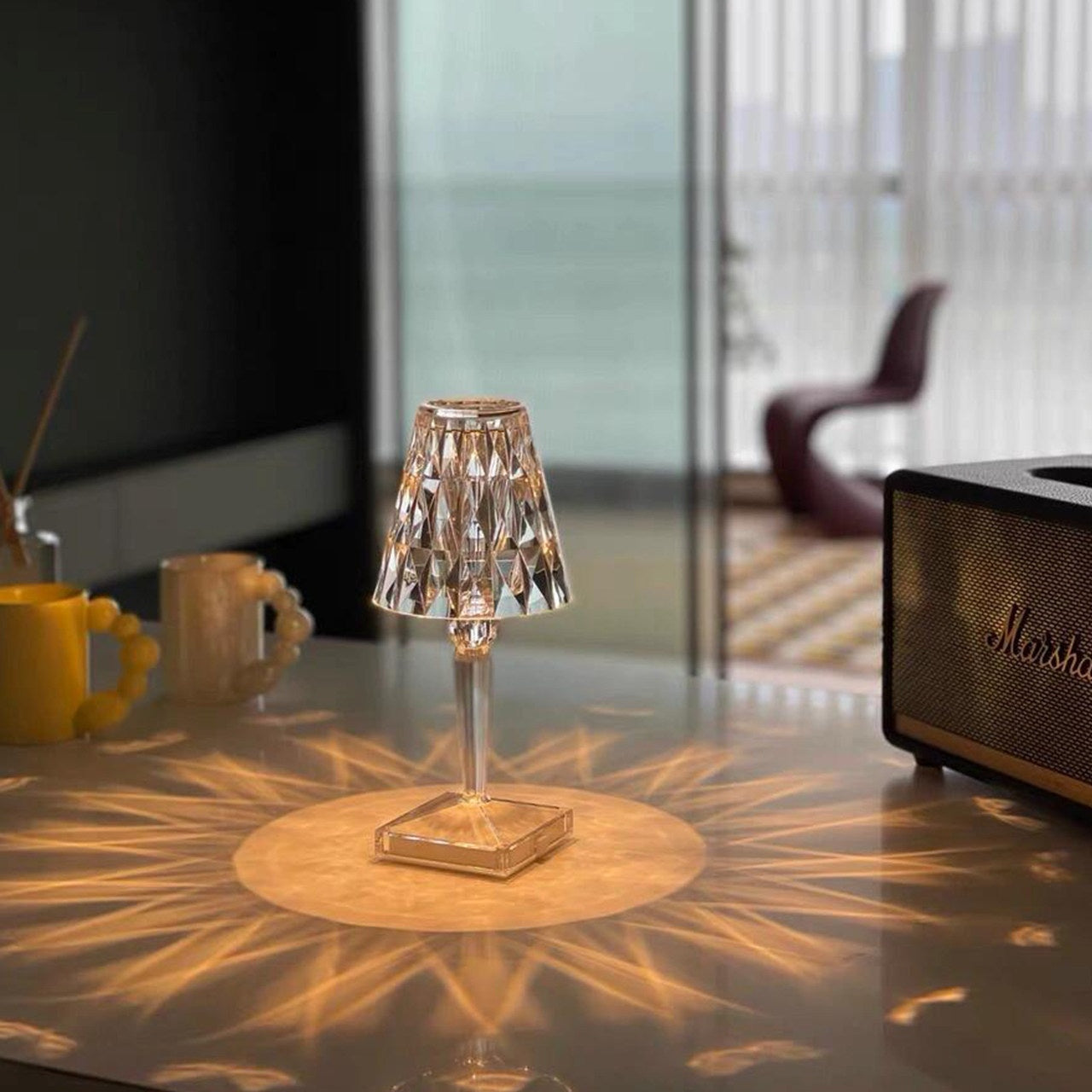 Cristal rechargeable lamp switched on, warm glow