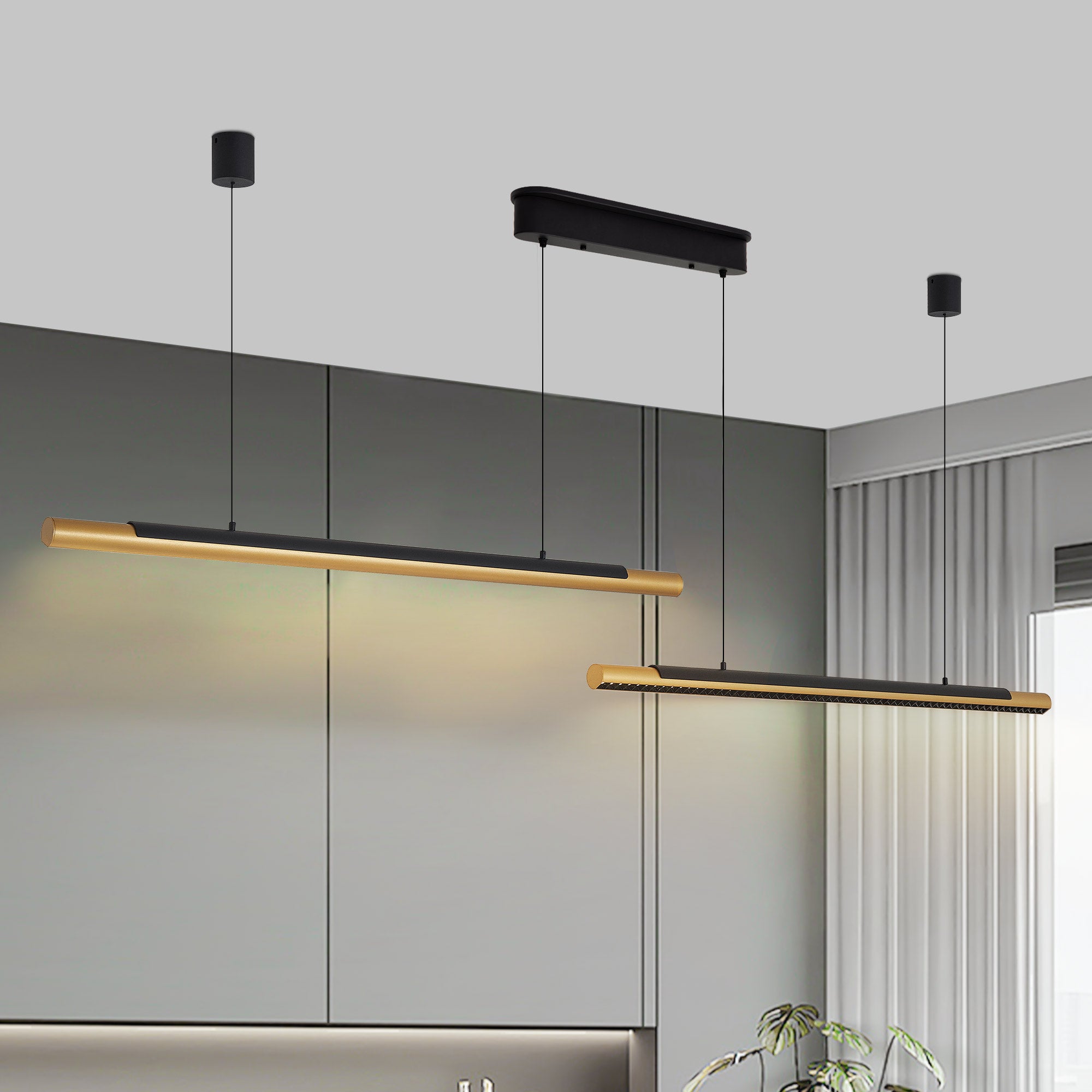 Tandem Noir Dual-Tube Pendant Light - hanging over dining table