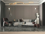 Orbit Ring Modern Chandelier lifestyle detail view, above a dining table in a modern home