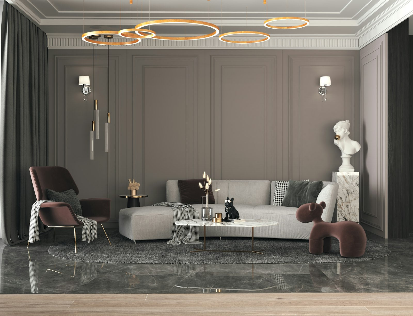 Orbit Ring Modern Chandelier lifestyle detail view, above a dining table in a modern home