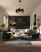 Orbit Ring Modern Chandelier above a dining table in a modern home