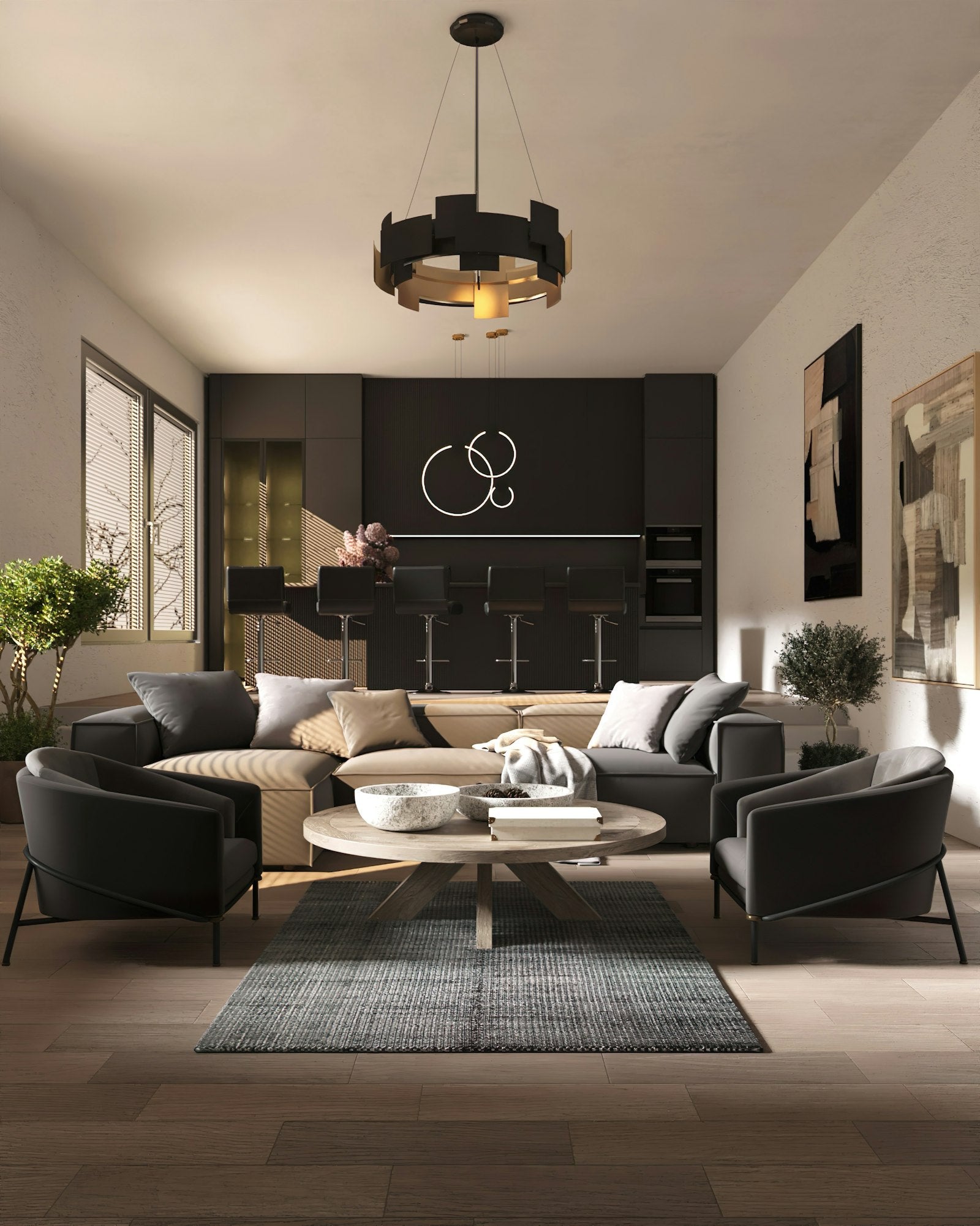 Orbit Ring Modern Chandelier above a dining table in a modern home